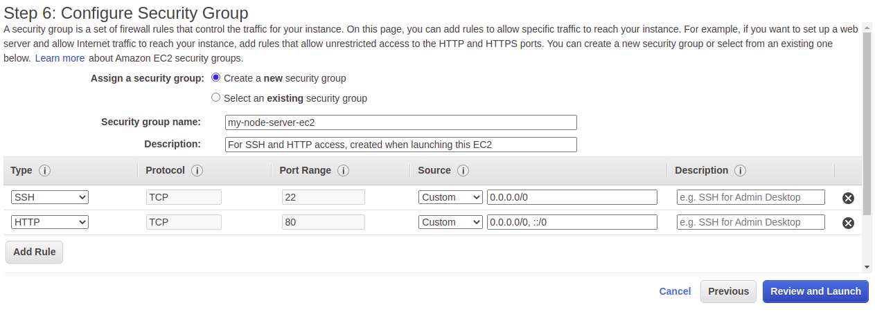 Security group configuration