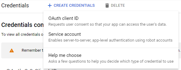 +Create Credentials option