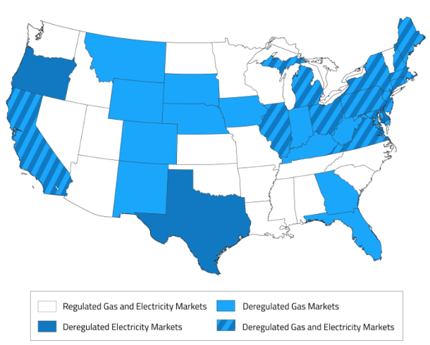Map of regulated vs deregulated electricity