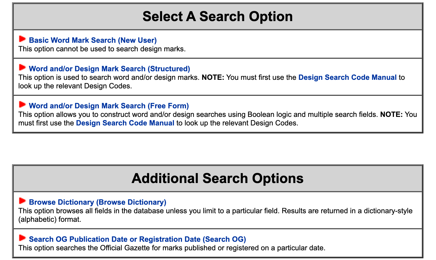 The text-based trademark search options offered by the Trademark Electronic Search System (TESS).