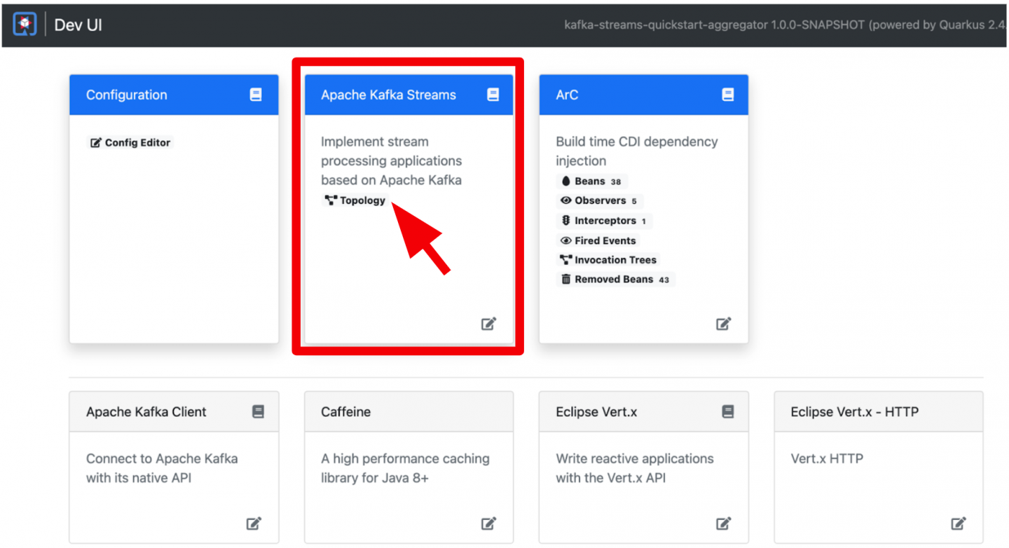 Ui config. Kafka UI. Quarkus Dev. Apache Kafka UI. Kafka Streams.