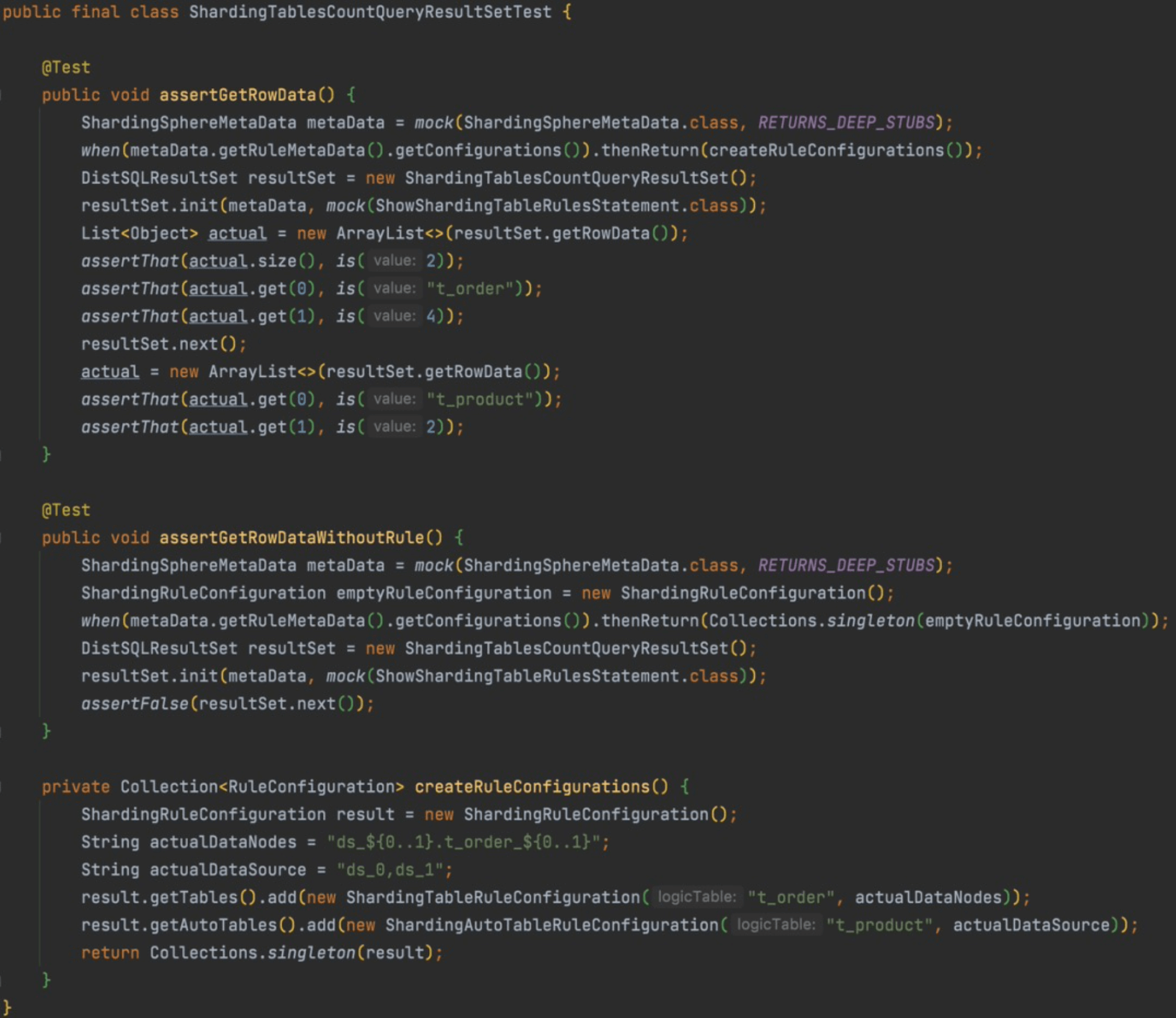 unit test of ShardingTablesCountResultSet