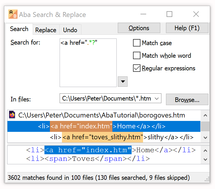 Screenshot of Aba Search & Replace