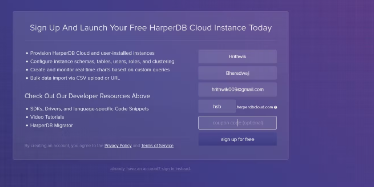 Creating a New HarperDB Cloud Instance - Snapshot 1
