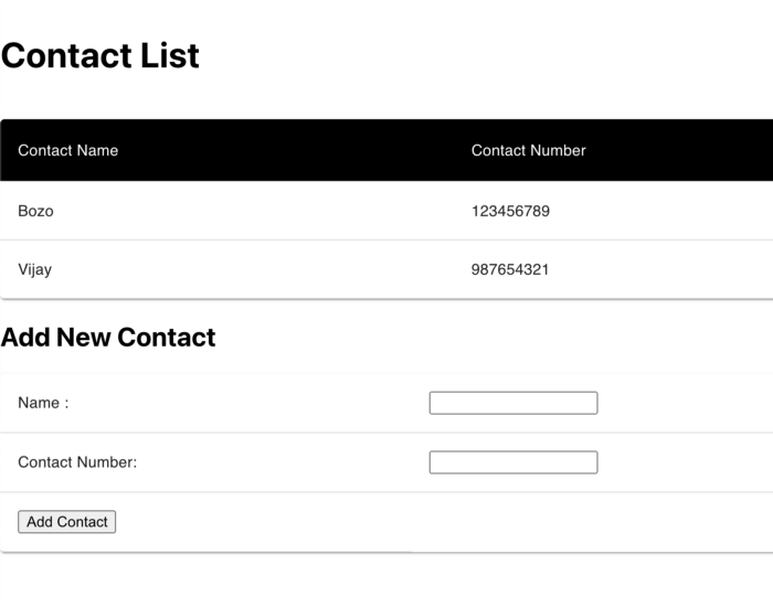 Contact List Application Running in Browser