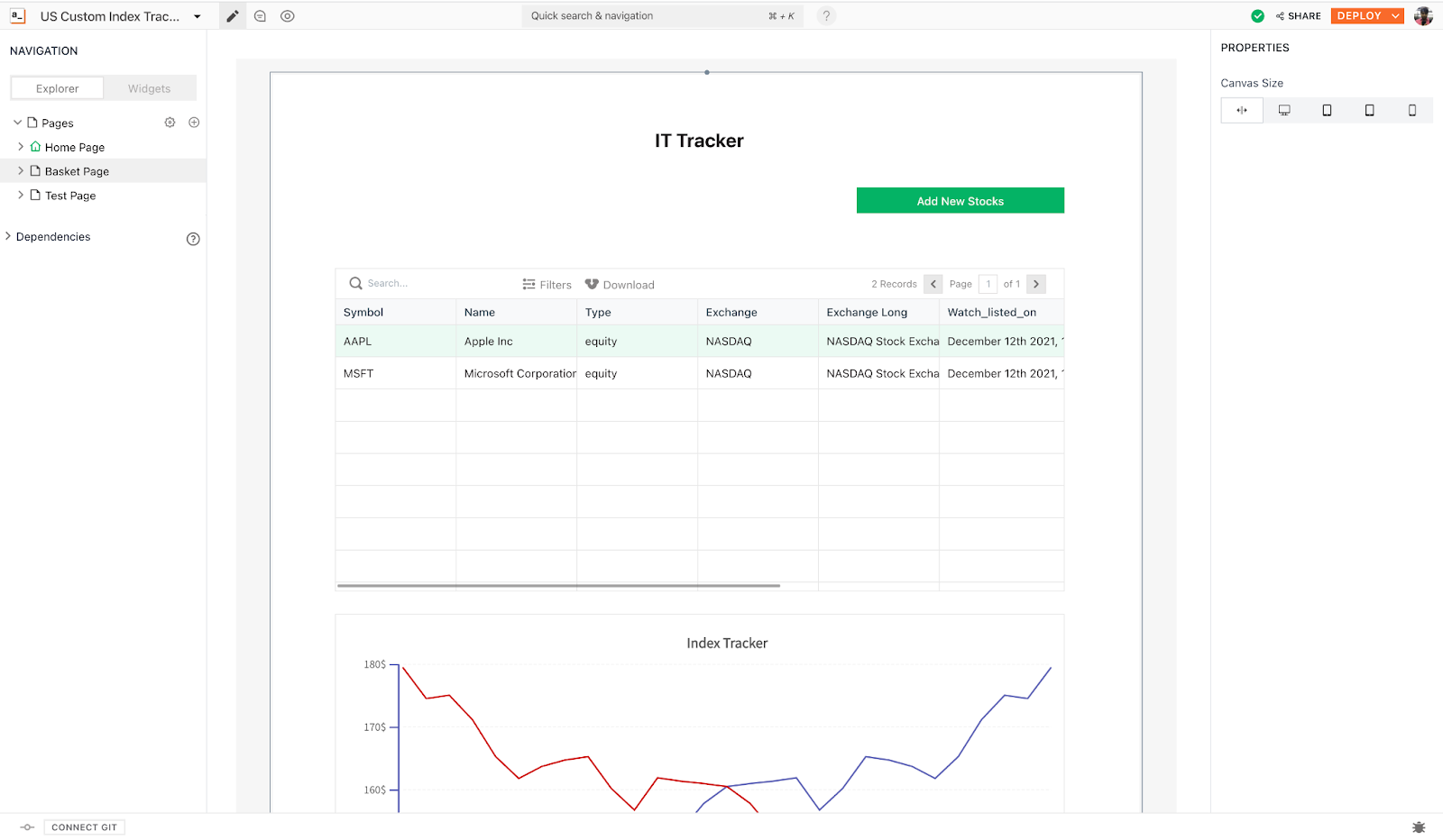 Screenshot of Custom Index Tracker on Appsmith — 2