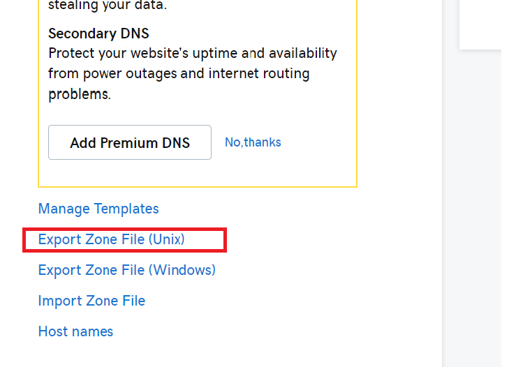 Screenshot of "Export Zone File (Unix)" option