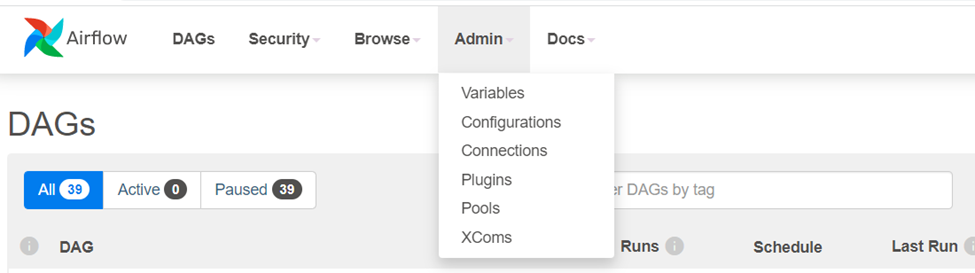 Admin section of Airflow UI