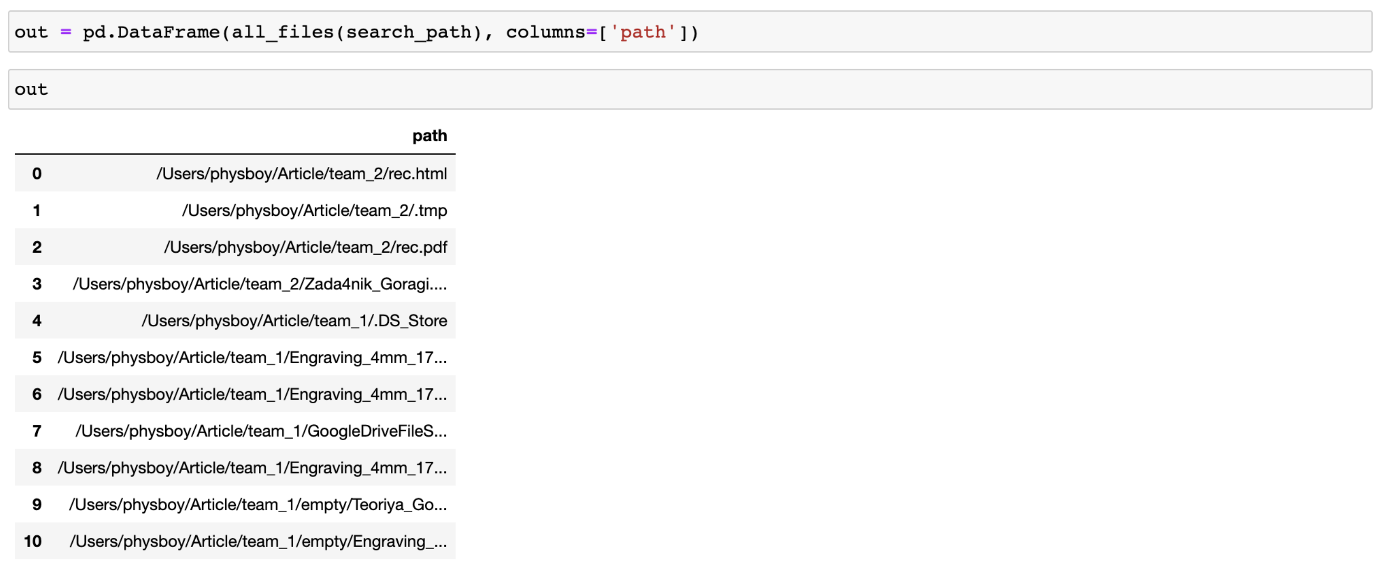 Files listed in dataframe