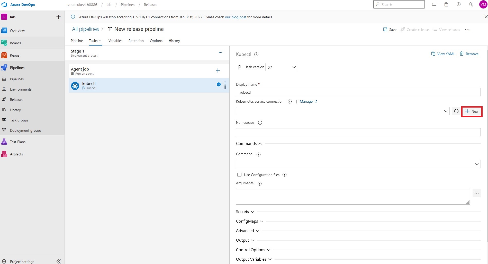 Add the Kubernetes service connection