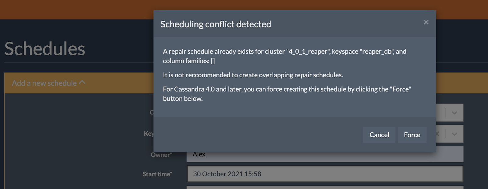 Figure 4: Reaper now shows a pop-up to inform you of a conflict and allowing to force create the schedule/run.