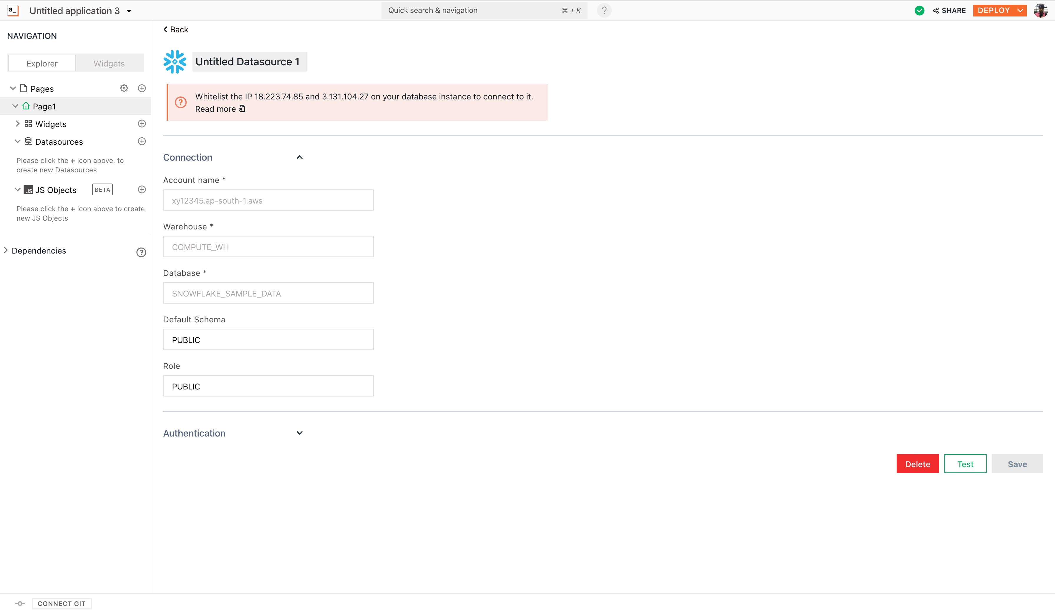 Connecting Snowflake on Appsmith - Snapshot 1