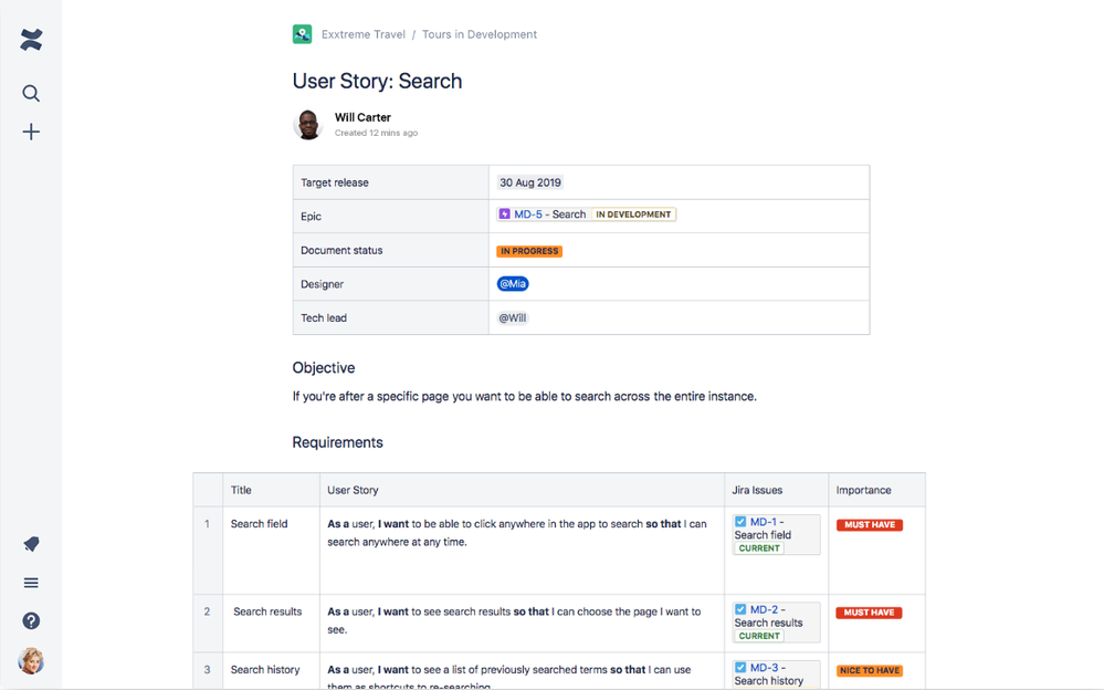 User Stories example from Confluence