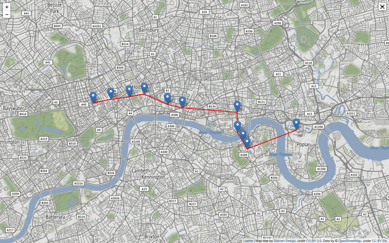 Map of shortest path between Oxford Circus and Canary Wharf using Folium