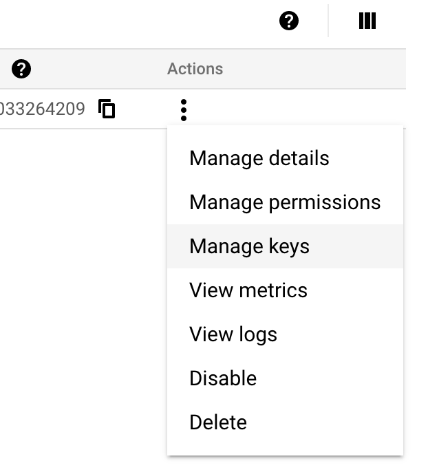 menu > manage keys”/><br />
</figure>
<p>Then we can create a new key.  In this case, one like JSON should be enough.  The key will get downloaded automatically to your computer.  (<em>Please keep this JSON key somewhere you can use it later.</em>)</p>
<figure>
 <img style=