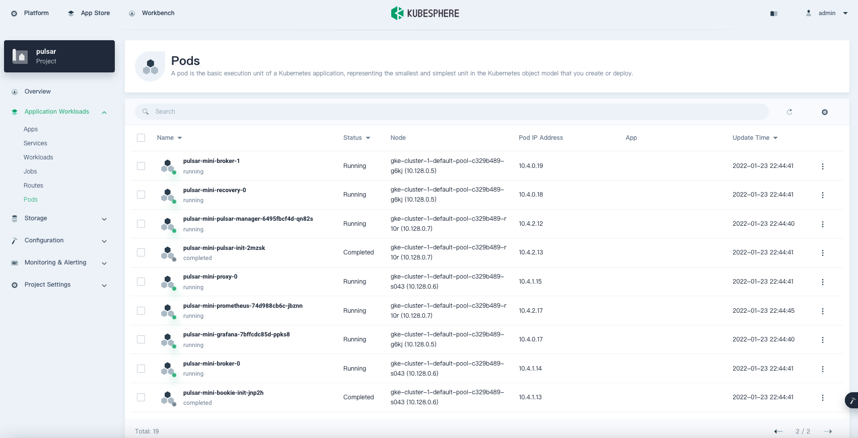 Pods list