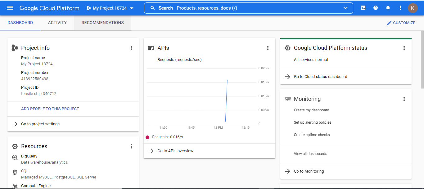 GCP landing page