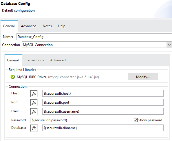 edited database config with host, port, user, password, and database