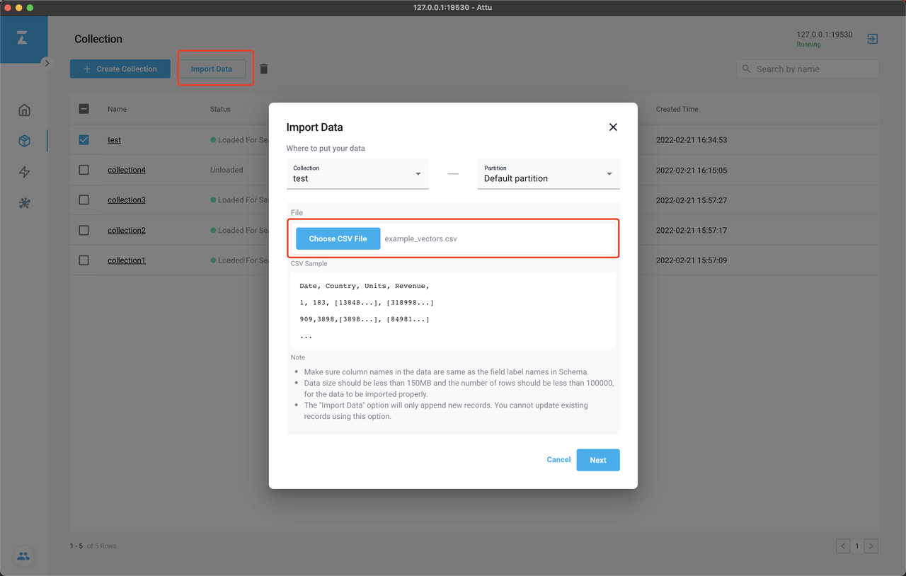 Import data with Attu.