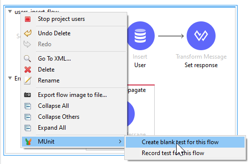 screenshot: menu option "create blank test for this flow"