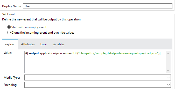 Screenshot: where to define payload, attributes, error, and variables
