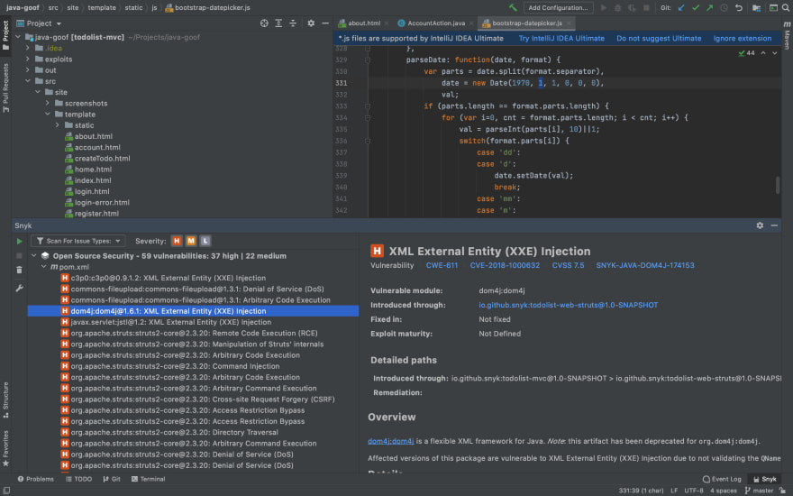 Snyk Vulnerability Scanner Jetbrains Extension Screenshot