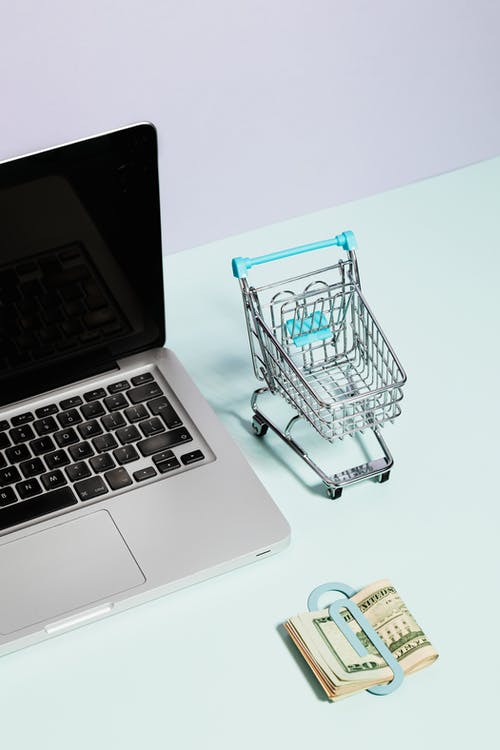 Laptop shopping cart and folded cash