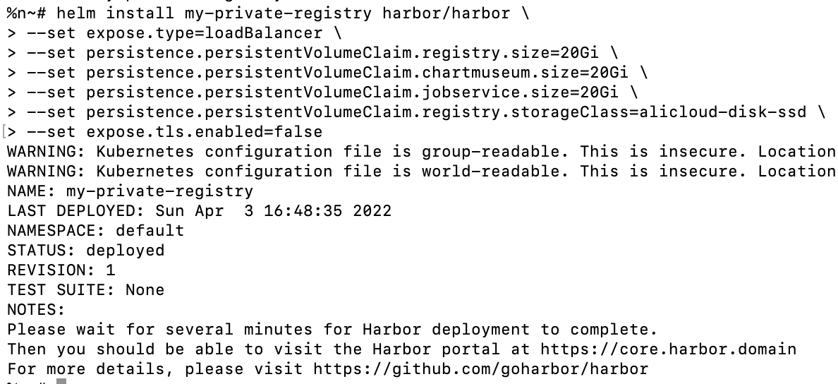 Result of running command to get Harbor Helm chart