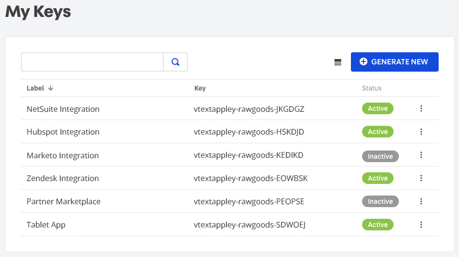 REST API Key example from VTEX. Source: Zoho CRM