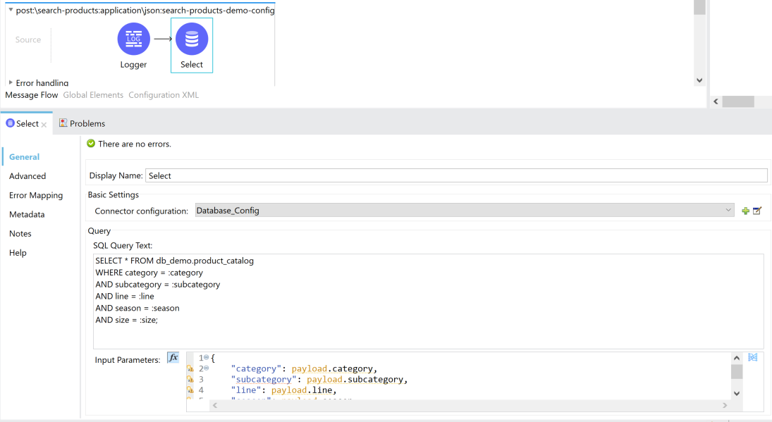 screenshot of SQL query text and input parameters