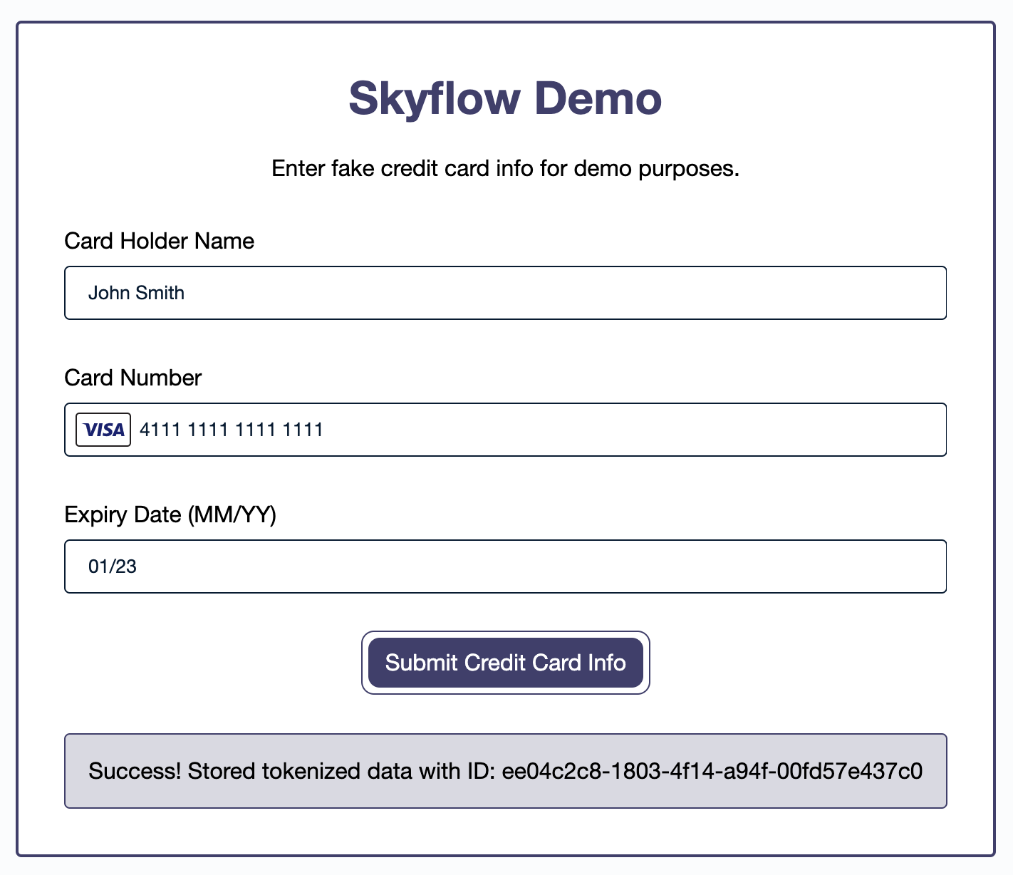 Skyflow: Submit credit card info to store tokenized data