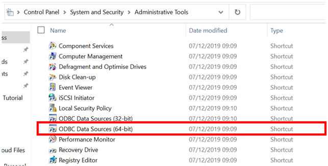 Open the ODBC Data Sources (64-bit) window