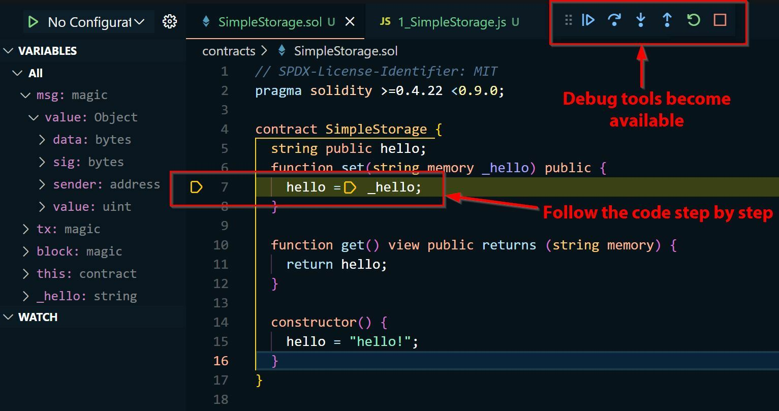 The debug tools that are available through the Truffle for VS Code Extension