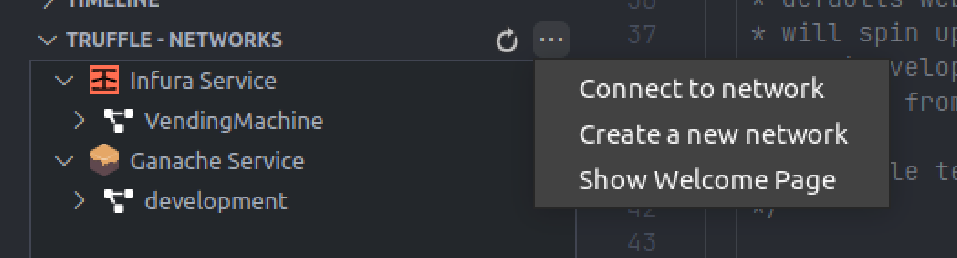 The Truffle for VS Code extension enables users to create or connect to a network directly from the editor