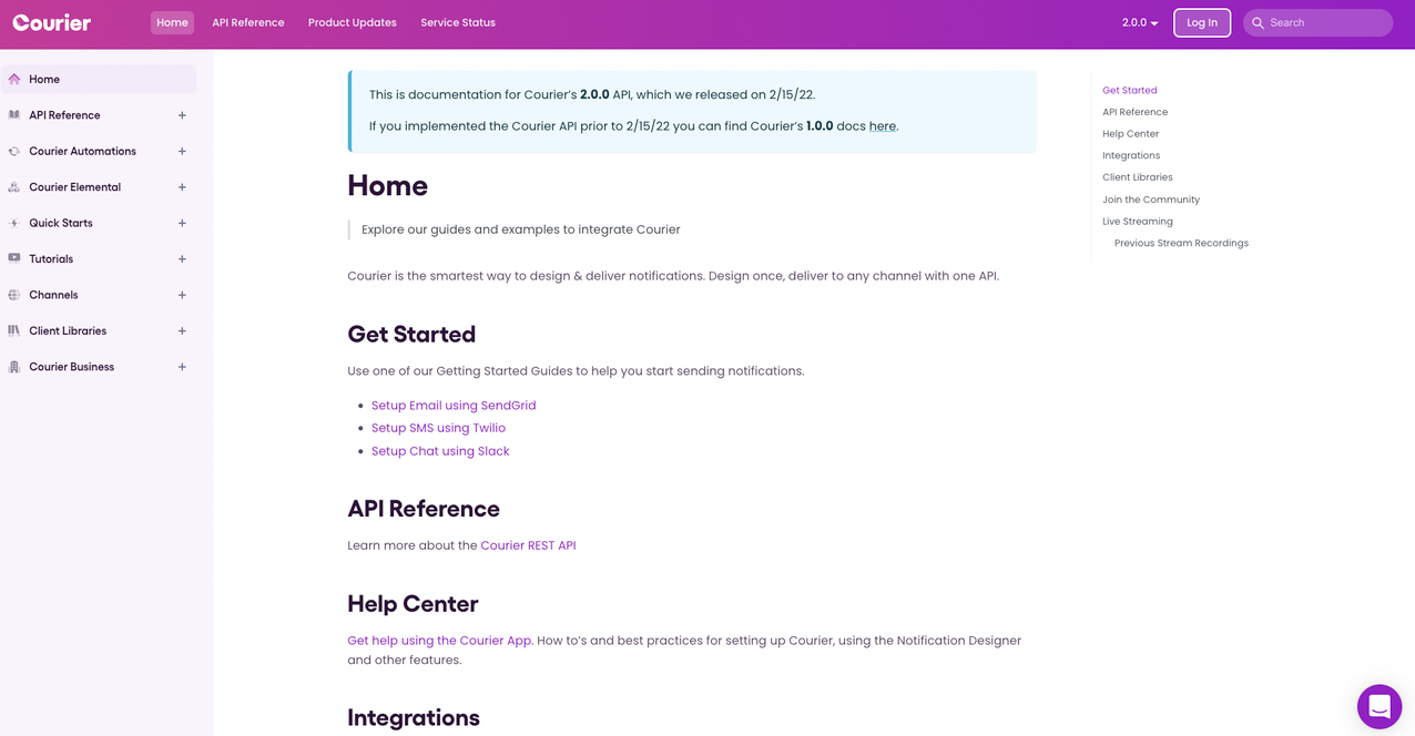 Courier documentation home screen