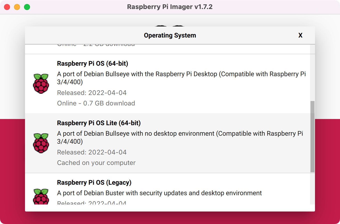 OS selection menu: Raspberry Pi OS Lite (64-bit)