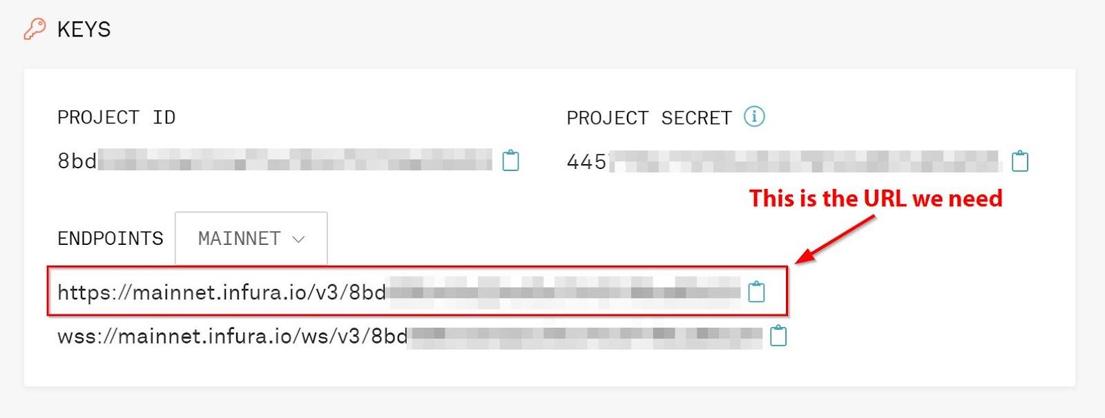 The Infura project dashboard where you go to get the RPC Endpoint URL for your project