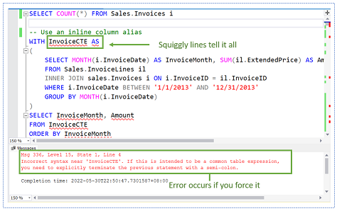 In a batch of SQL statements, an error occurs when the preceding statement is not terminated by a semicolon.