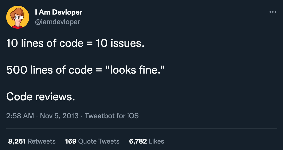 10 lines of code equals 10 issues. 500 lines of code equals looks fine. Code reviews.