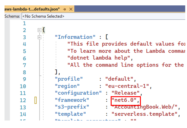aws-lambda-tools-defaults.json file: no schema selected