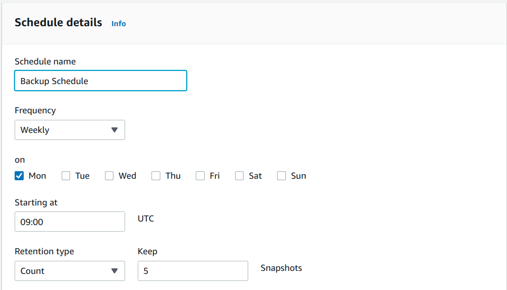 Add details for the backup schedule as per requirement