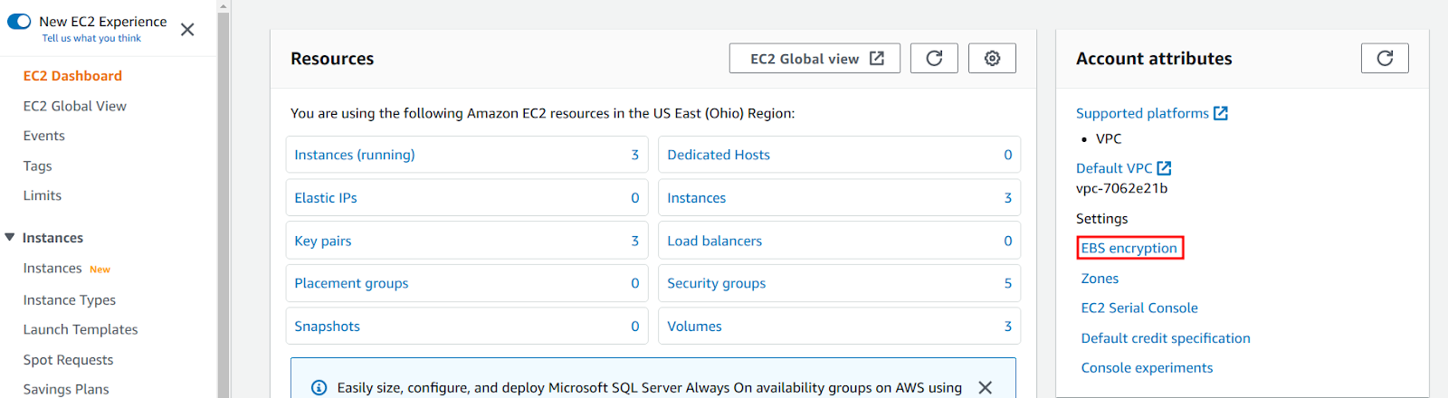 Navigate to the EC2 dashboard page and click on the “EBS encryption” link