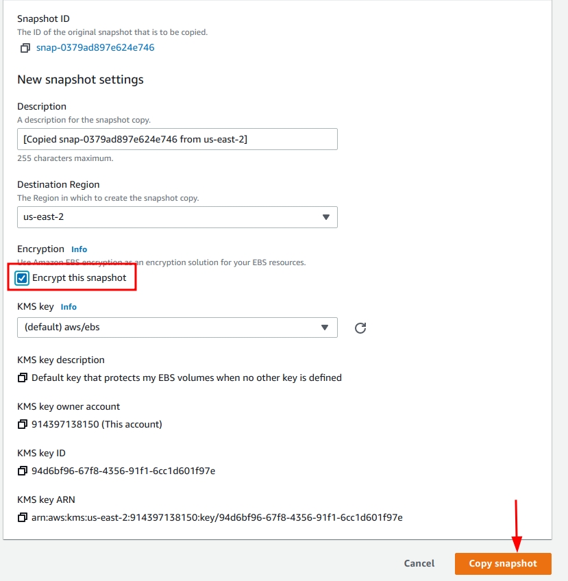 In the “Copy snapshot” page, ensure that the “Encrypt this snapshot” checkbox is selected under the “Encryption” section and click on the “Copy snapshot” button