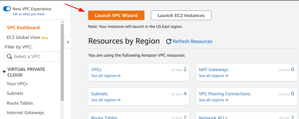 Click on the “Launch VPC Wizard” button