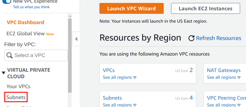 Click on the “Subnets” link for the “Virtual Private Cloud” menu