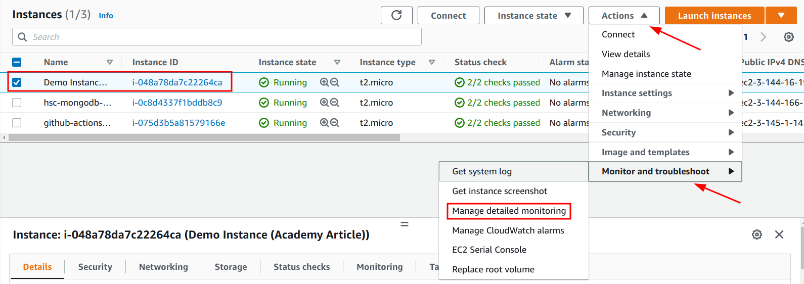 Click on the “Actions” drop-down menu, and choose the “Manage detailed monitoring option” under the “Monitor and troubleshoot” sub-menu