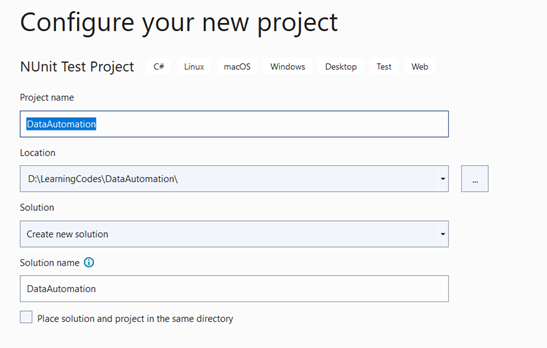 Give a project name and location to save the project