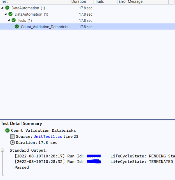 The test listed in Visual Studio's Test Explorer
