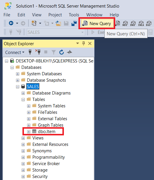 New Query option from the main dashboard of SQL Server Management Studio