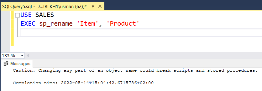 Message which warns you that changing an object name can break the script
